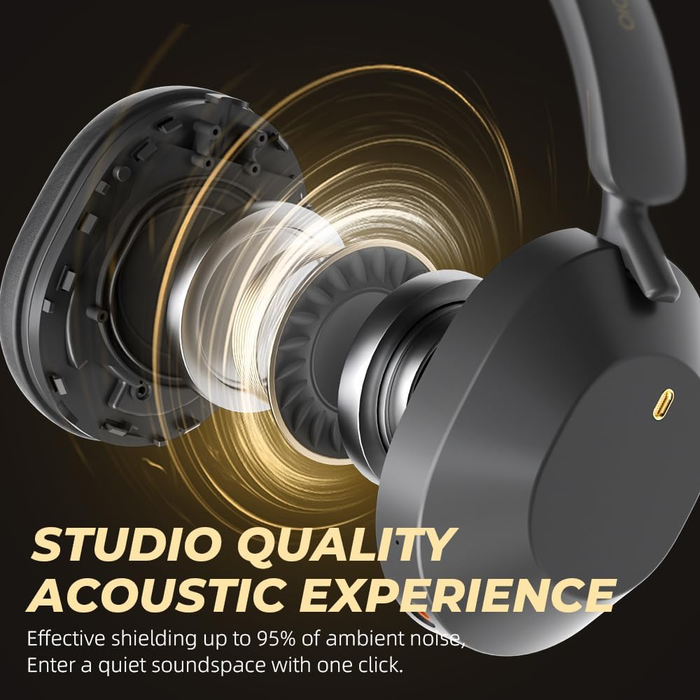 Ikf-Solo Active Noise Cancelling Wireless Headphones over Ear 130H Playtime Bluetooth 5.4 App Control 35Ms Low Latency Hi-Res Audio with Mic Call Noise Cancellation for Gaming Music Read Live (Black) image number 1