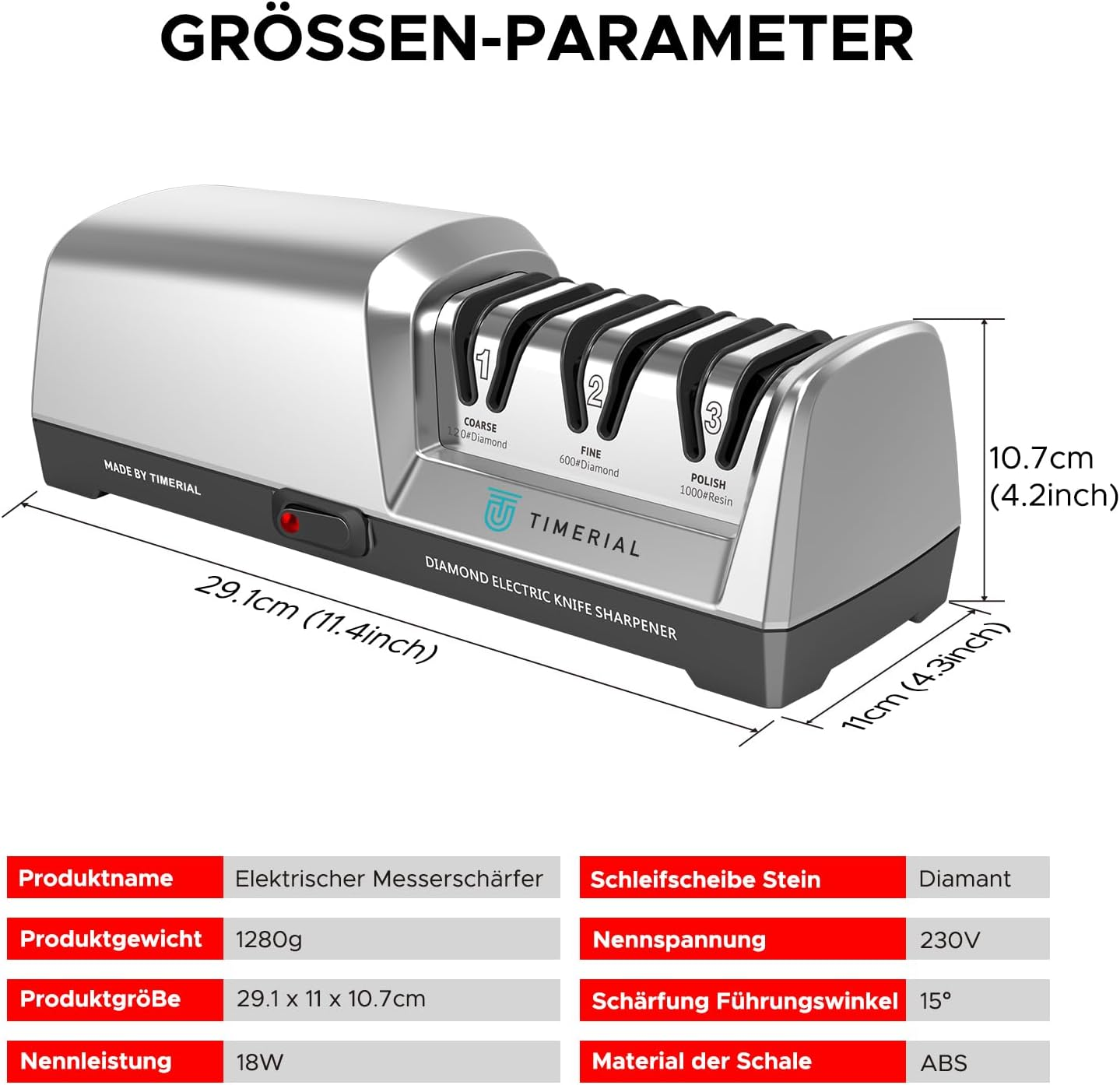 TIMERIAL Electric Knife Sharpener 3-Stage Diamond Grinding Disc 15&deg; Precision Angle Guide for Sharpening and Polishing Kitchen Knives Made of Steel, 120 Grit and 600 Grit and 1000 Grit image number 4
