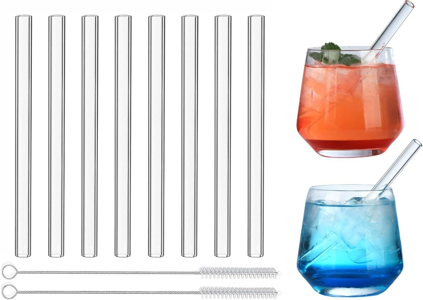 VITEVER Reusable Glass Straws, 6 in X 10 Mm Short Curved Clear Glass Cocktail Straws for Whiskey, Coffee, Soda, Water, Pack of 8 with Brush