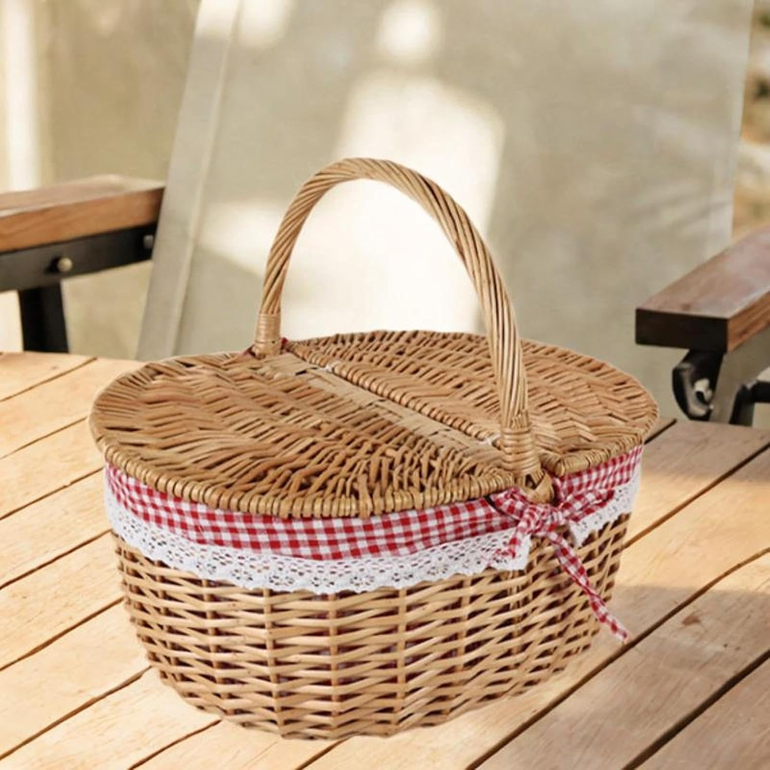Wicker Picnic Basket, Rattan Storage, Serving Basket with Lid and Handle, Wicker, Woven Basket for Park Parties, Red White, Small image number 6