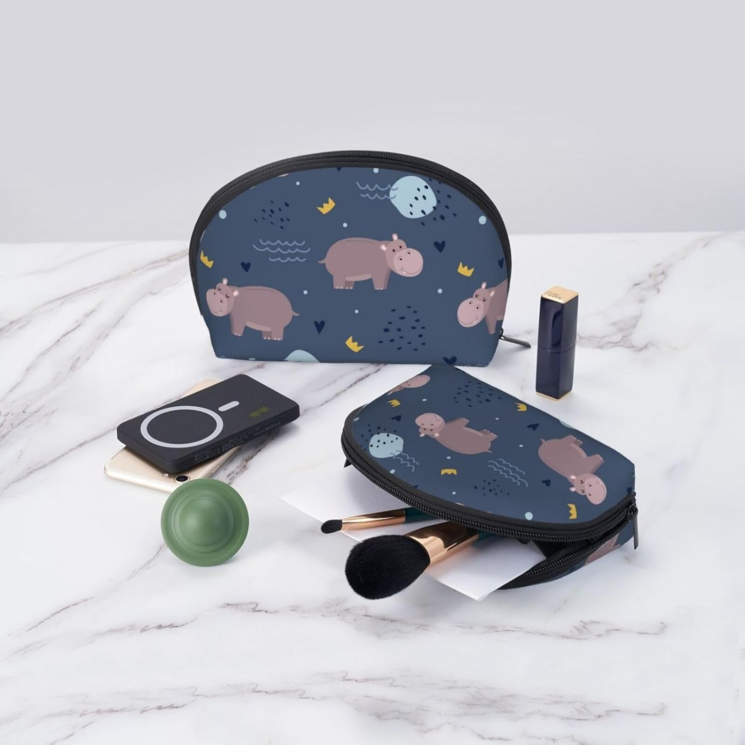 Cozimangoe Coin Pouch Makeup Bags Set, 2 Piece Shell Shape Cosmetic Bag with Pockets for Daily Travel Handbag Lipstick Keys Toiletry, Personalized Hippo Animal image number 3