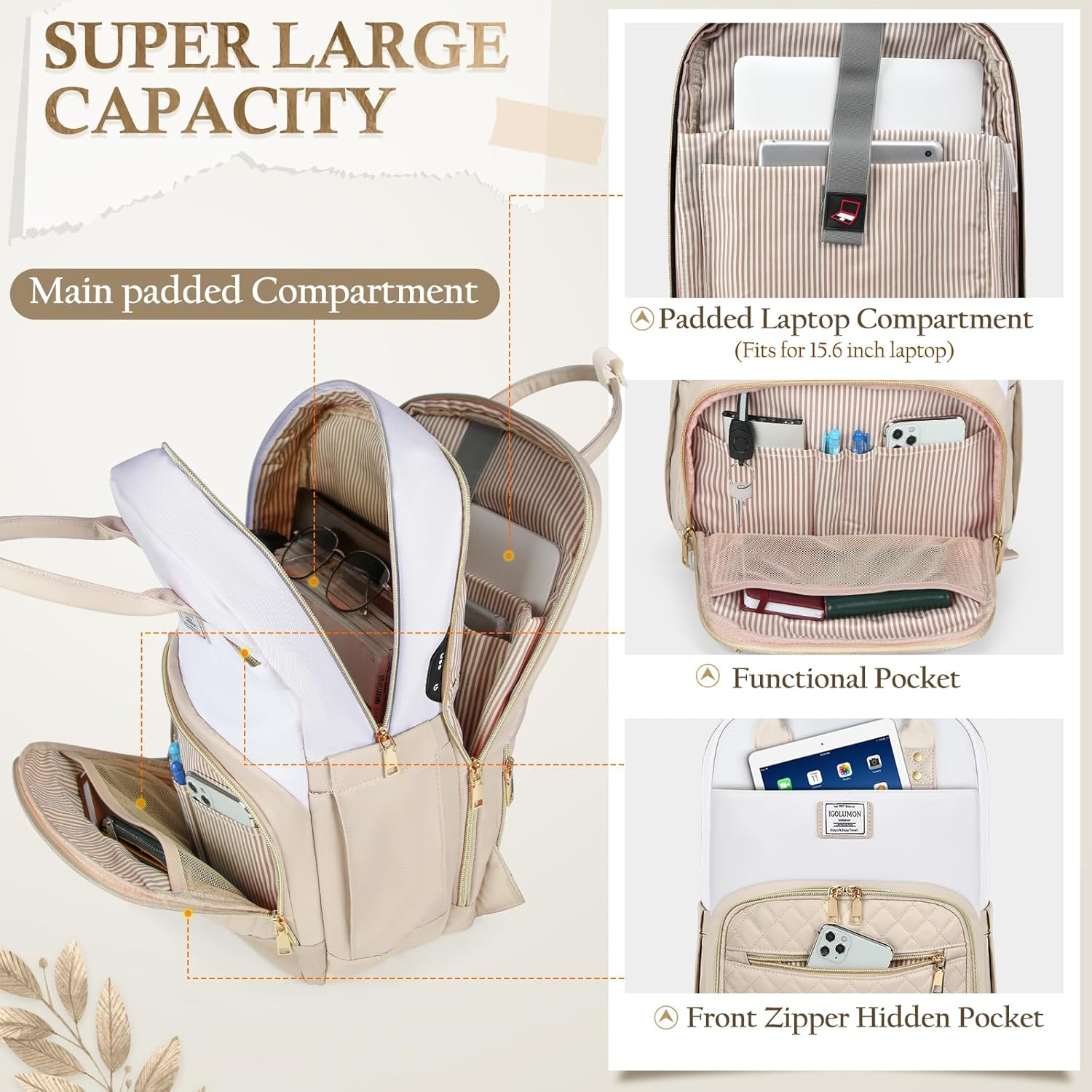 IGOLUMON Backpack for Women 15.6 Inch Laptop Backpack Work Business Backpacks Purse Waterproof College Carry on Backpacks image number 5