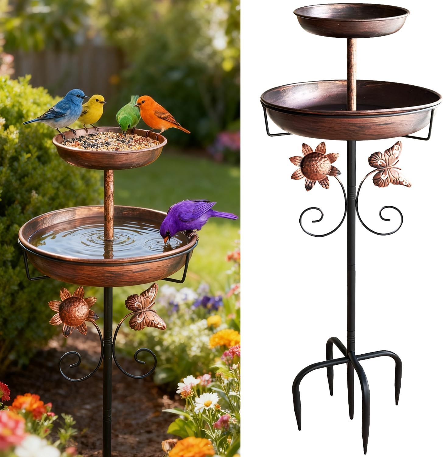 STAVAN 107 Cm (42 Inch) Outdoor Bird Bath, Vintage Style Dual Bowl Bird Bath & Feeder with Sturdy 5-Prong Base, Antique Bronze Freestanding Metal Birdbath for Garden, Patio & Lawn Decor image number 5