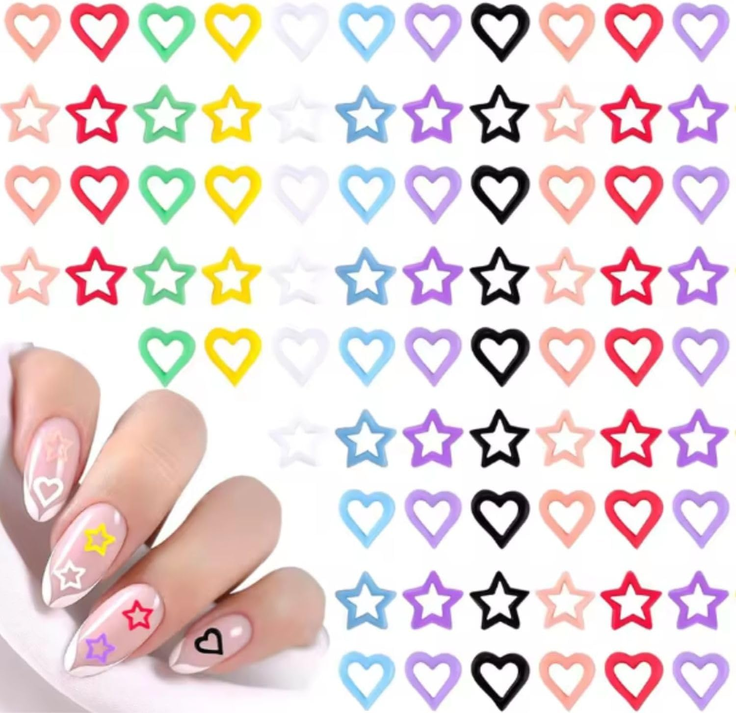 ROSEUS Nail Art Resin Charms 150 PCS, Y2K 90'S Style Hearts and Stars, Multi Colour Rhinestones Hollow image number 4