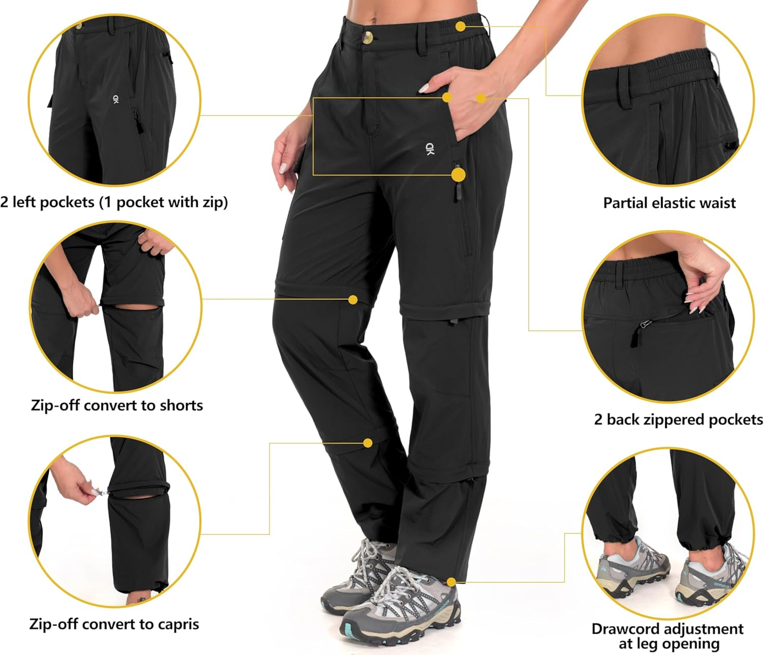 Little Donkey Andy Women'S Stretch Convertible Pants, Zip-Off Quick-Dry Hiking Pants Black Size XS image number 6