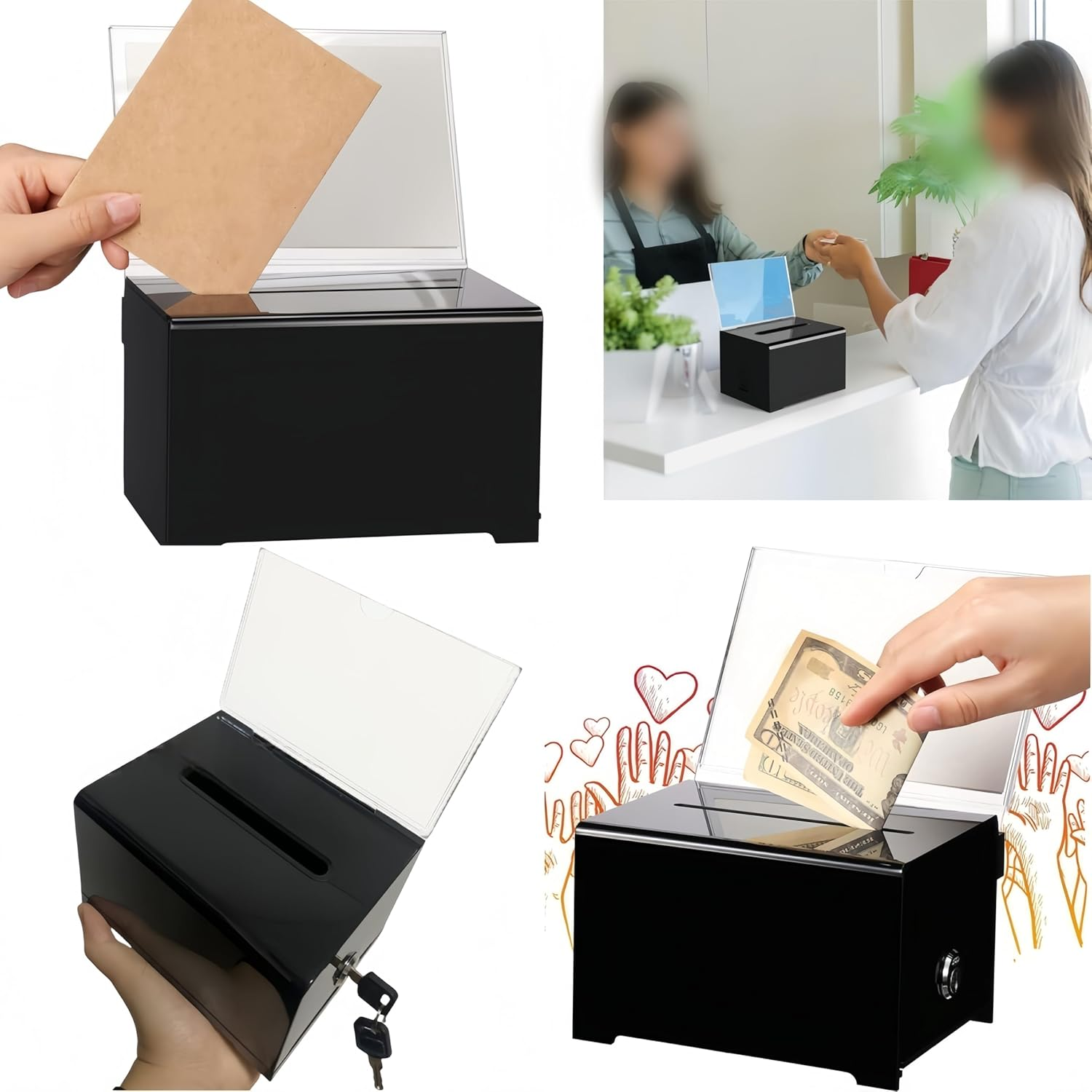Donation Box with Lock, Acrylic Donation Boxs,Black Ballot Boxs with Sign Holder, Suggestion for Fundraising for Suggestion Box Storage Container(Black)