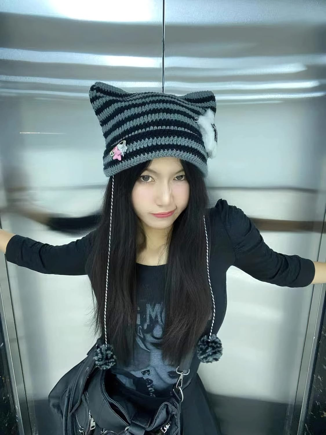 Y2K Beanies Vintage Grunge Crochet Hats for Women Kawaii Cute Fox Cat Knitted Hat Y2K Accessories for Teen Girls - Khaki image number 6