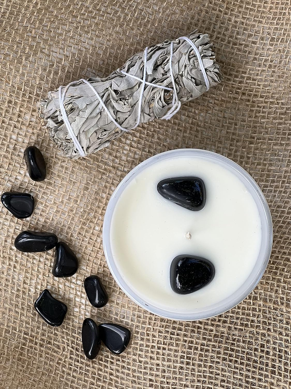 Pure Sage Candles with Black Obsidian Crystals. Absorb Negative Energy Provide Protection and Space of Tranquillity. Natural Soy Wax. Aromatherapy Meditation Essential Oils image number 1