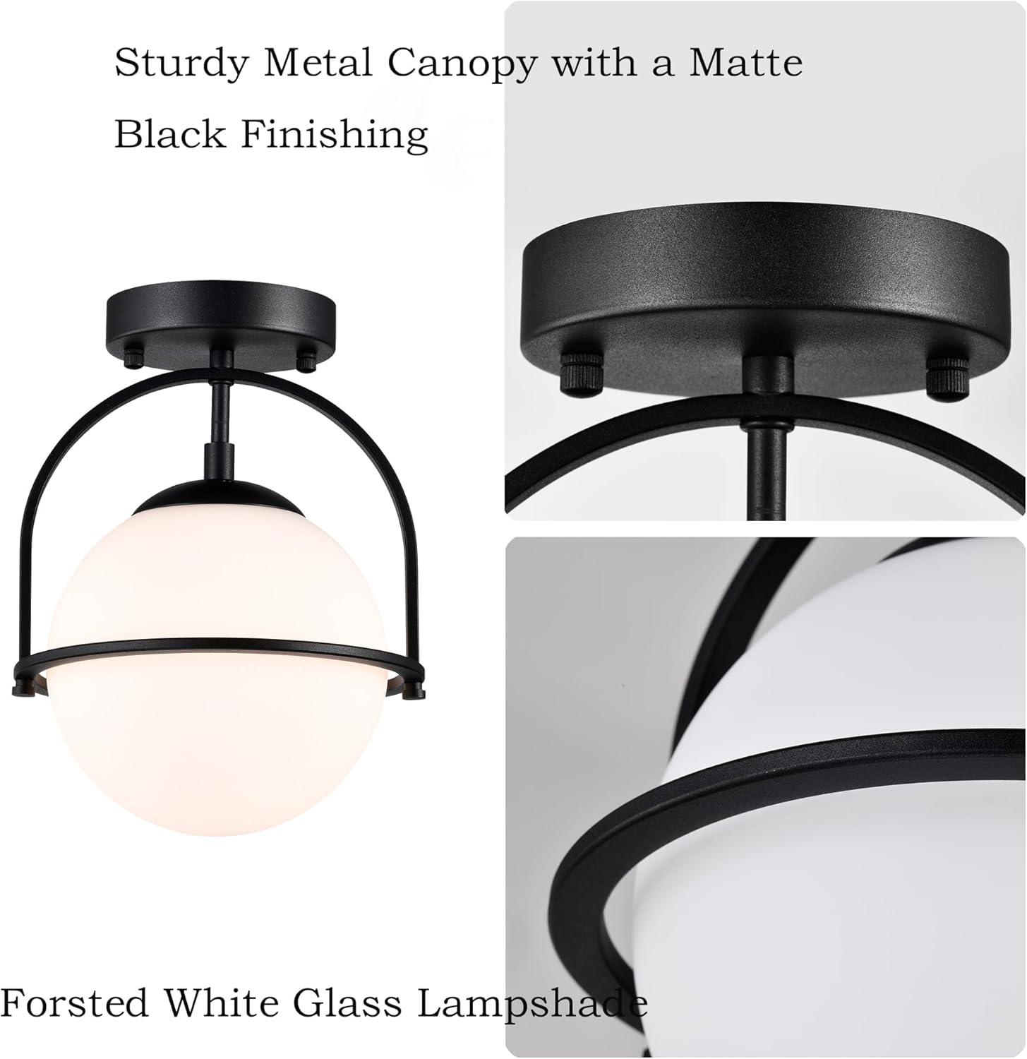 Black Ceiling Lights 18Cm Frosted Glass Globe Mid Century Semi Flush Mount Modern Ceiling Light Fixtures for Bedroom Hallway Entryway Bathroom E27 220V image number 2