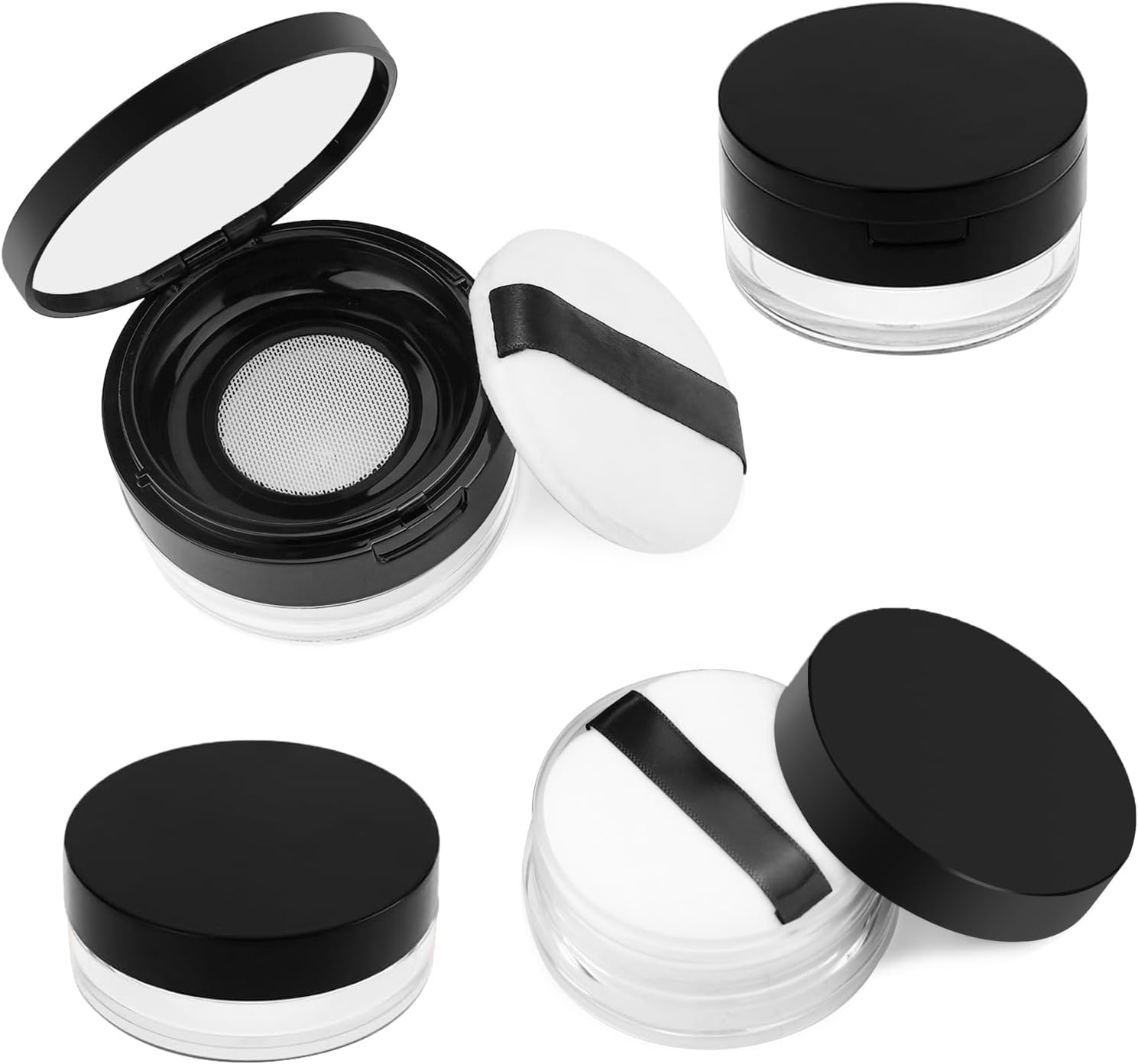 4Pcs Loose Powder Containers with Powder Puff, Plastic Reusable No Leak Powder Compact with Mirror and Puff, Refillable Empty Makeup Containers, Travel Powder Container with Elasticated Net Sifter and Lid (Black)