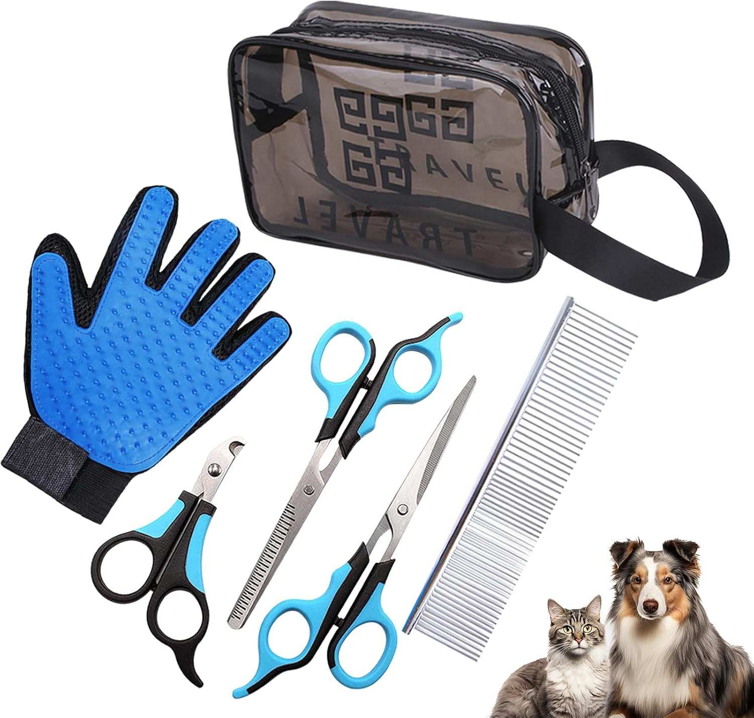 Proxima Direct 6 in 1 Dog Grooming Scissors Kit with Straight & Thinning Scissors, Nail Clipper, Grooming Comb, Grooming Glove, Travel Pouch Organizer, Haircut Nail-Care Set for Pets Dogs and Cats image number 1