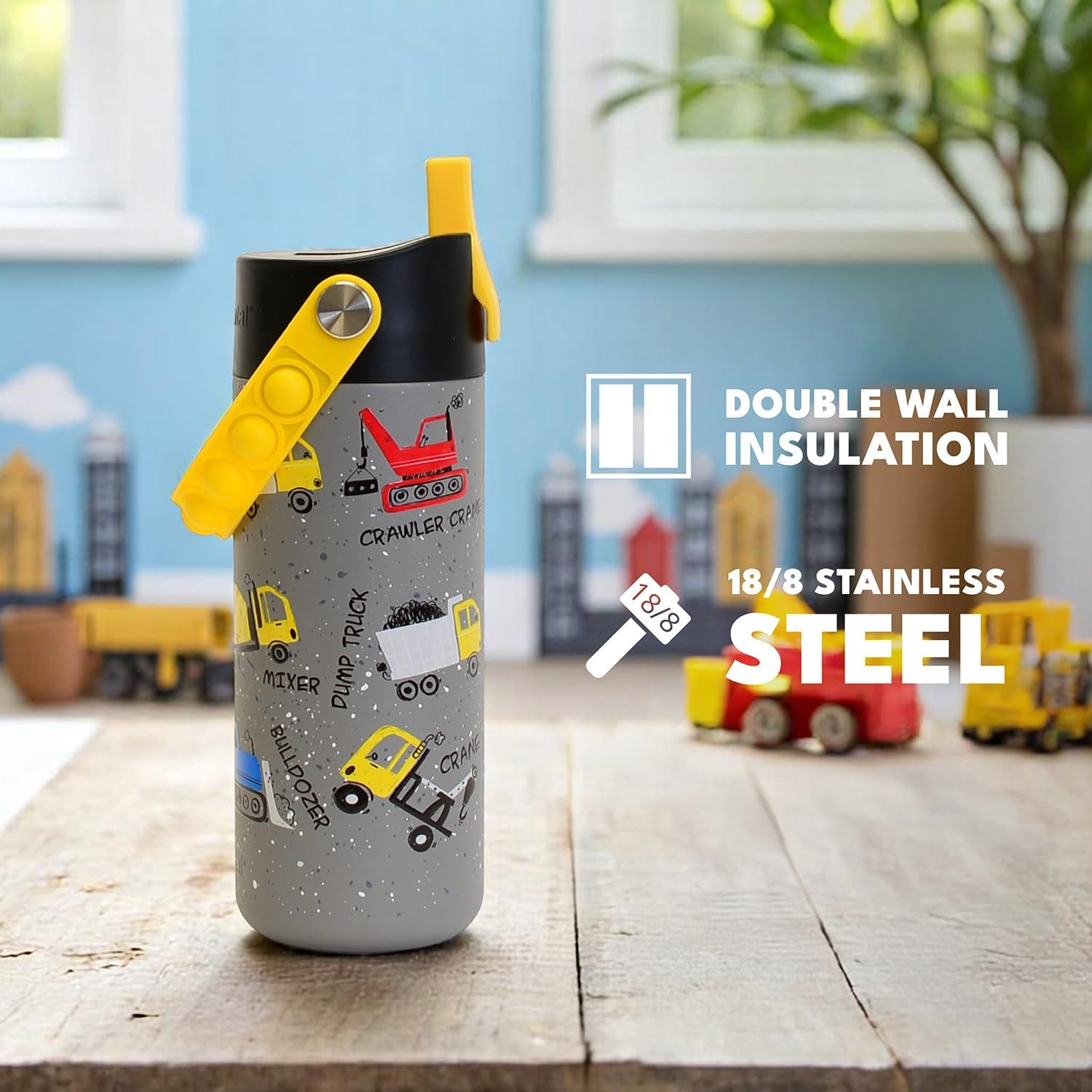 Elemental Insulated Kids Water Bottle, Stainless Steel Water Bottle with Straw Lid & Stress Reliever Pop-It Handle, Leak-Proof Water Bottles for School, Travelling and Sports, 530Ml - Construction