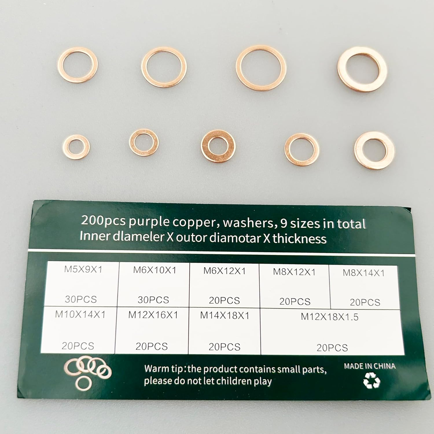 EFGTEK 200 Pcs Copper Flat Crush Washer Assortment Kit, 9 Sizes Metric Copper Sealing Flat Washers Set M5,M6,M8,M10,M12,M14 image number 1