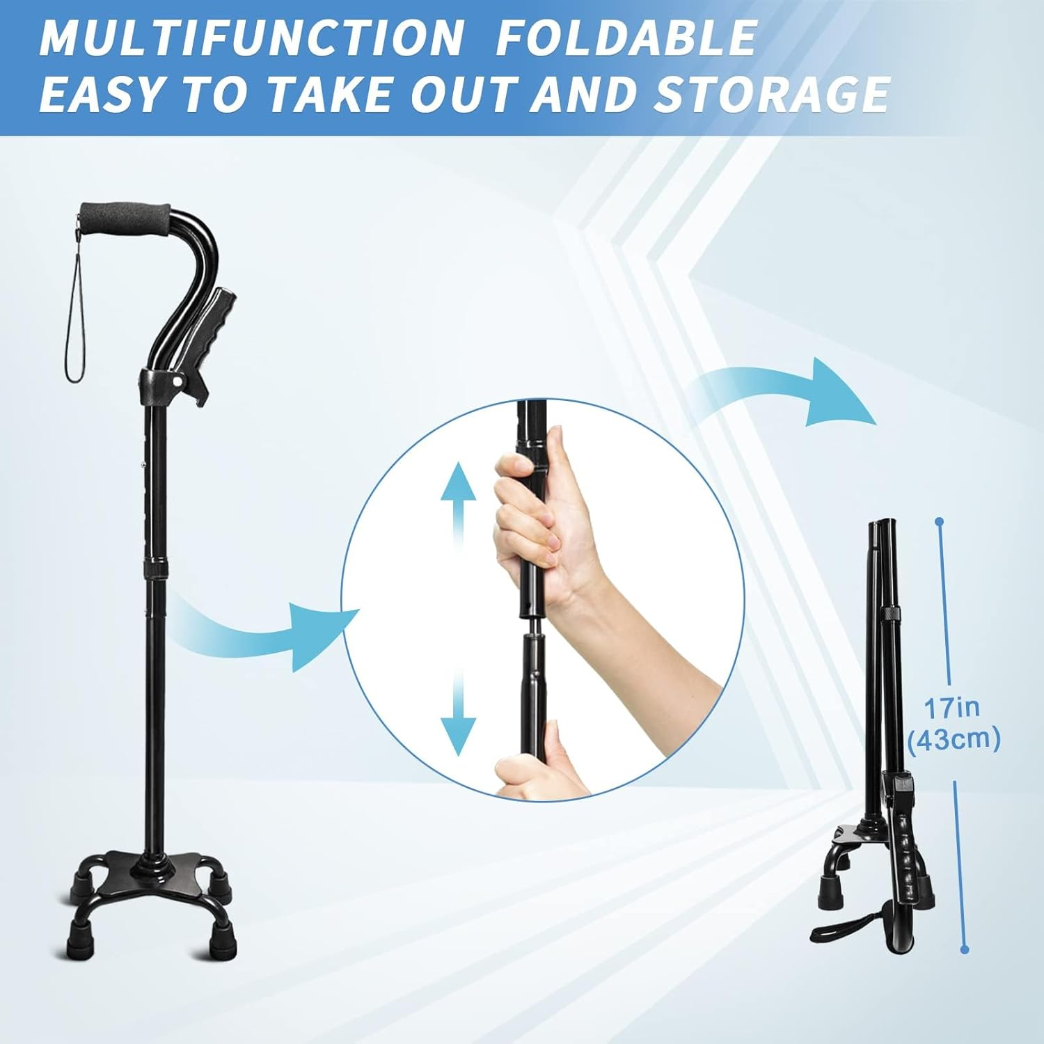 Adjustable Walking Cane for Men & Women with 4-Pronged Base for Extra Stability - Foldable Cane for Seniors with Foam Padded Offset Handle for Soft Grip & a Second Handle for Standing Black image number 4