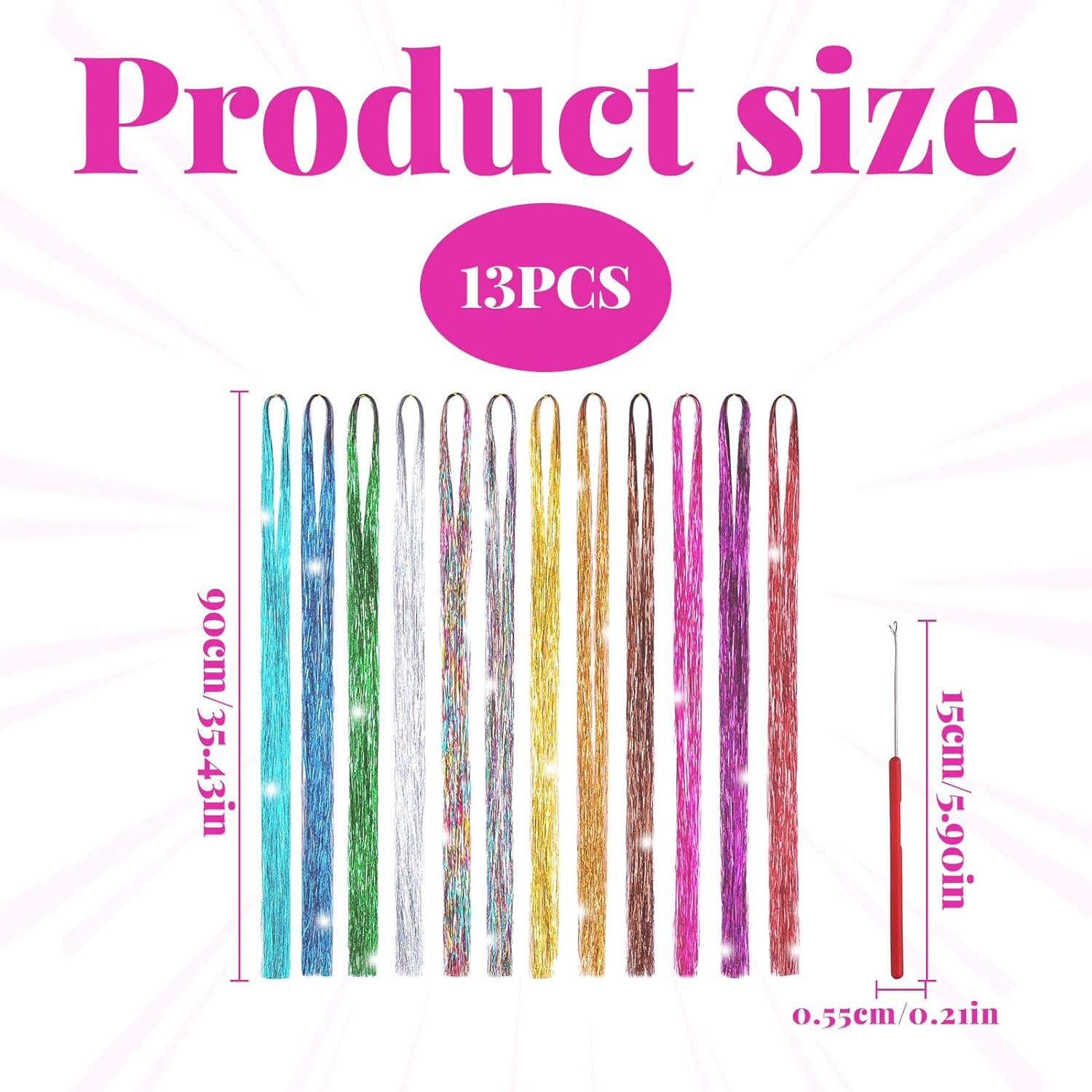 Hair Tinsel, Hair Glitter, Braiding Hair Extensions, 12 Color 2400 Silk Hair Tinsel with Tool, Extensions Highlights Multi-Colors Synthetic Shiny Hair, Suitable for Women and Girls Party Look image number 4