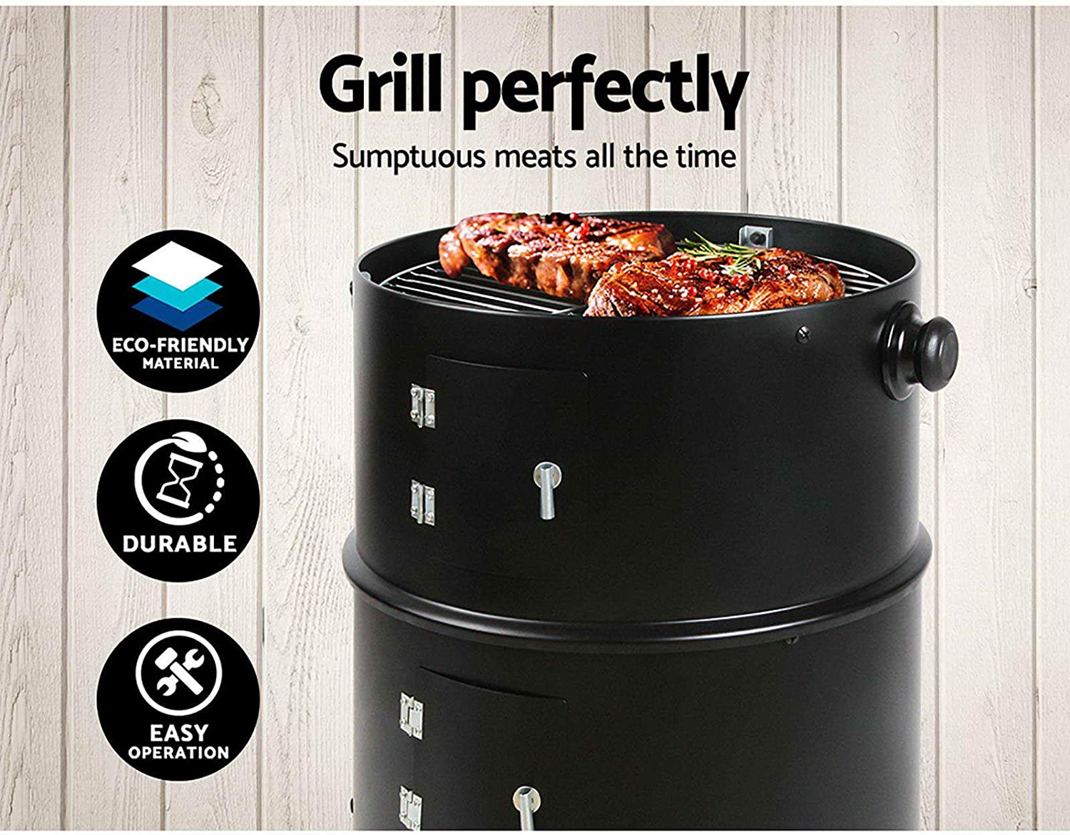Grillz 3-In-1 Charcoal BBQ Smoker - Black image number 1