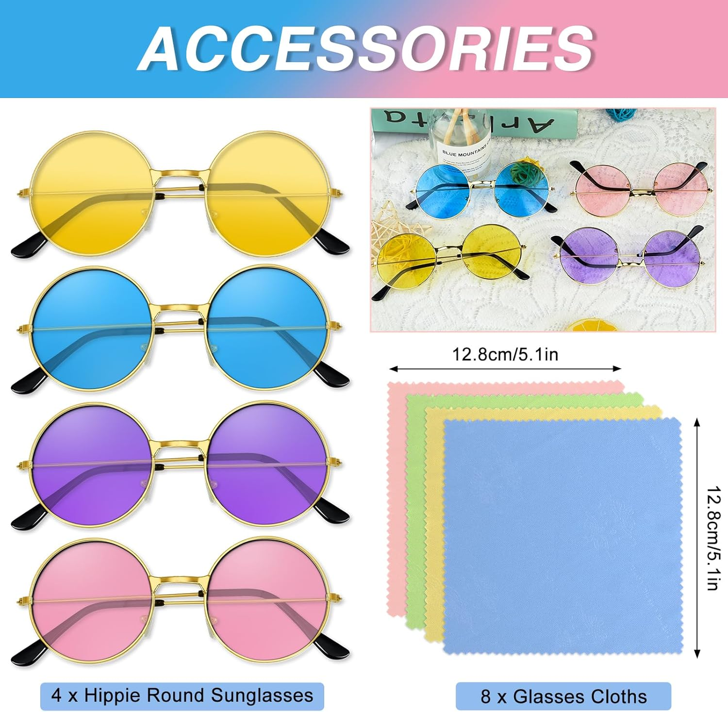 4/8/10/12/20/28 Pairs Hippie Sunglasses round Hippie Glasses 70S Party Decorations Multicolored Glasses for Women - A-Multicolor-4 image number 6