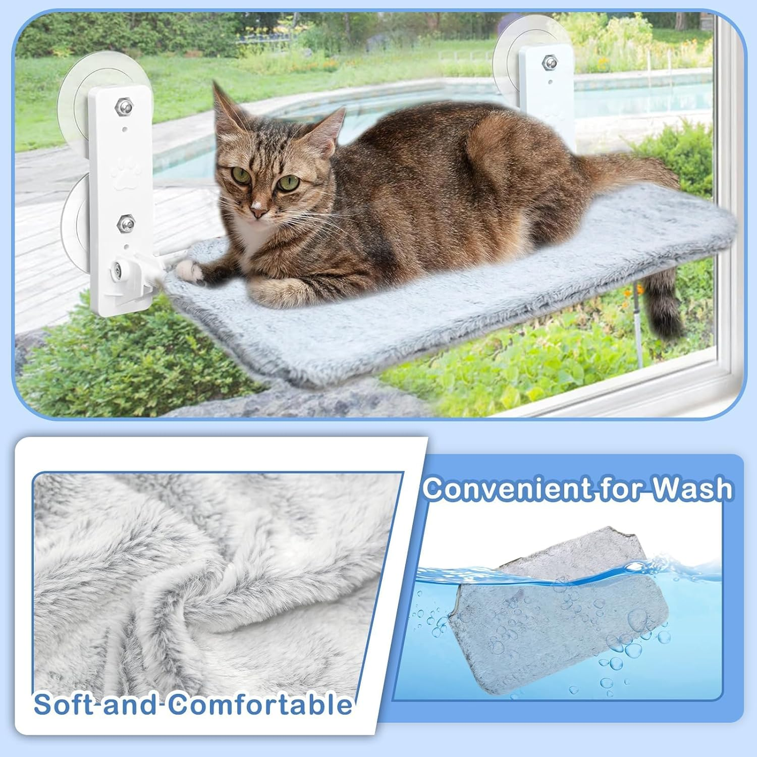 Foldable Cat Window Bed, Soft Cat Window Perch with Strong Suction Cups, 52X30Cm Cat Windowsill Seat with Replaceable Soft Cushion, Sturdy Holds up to 20Kg (Grey & Plush Fabric) image number 3