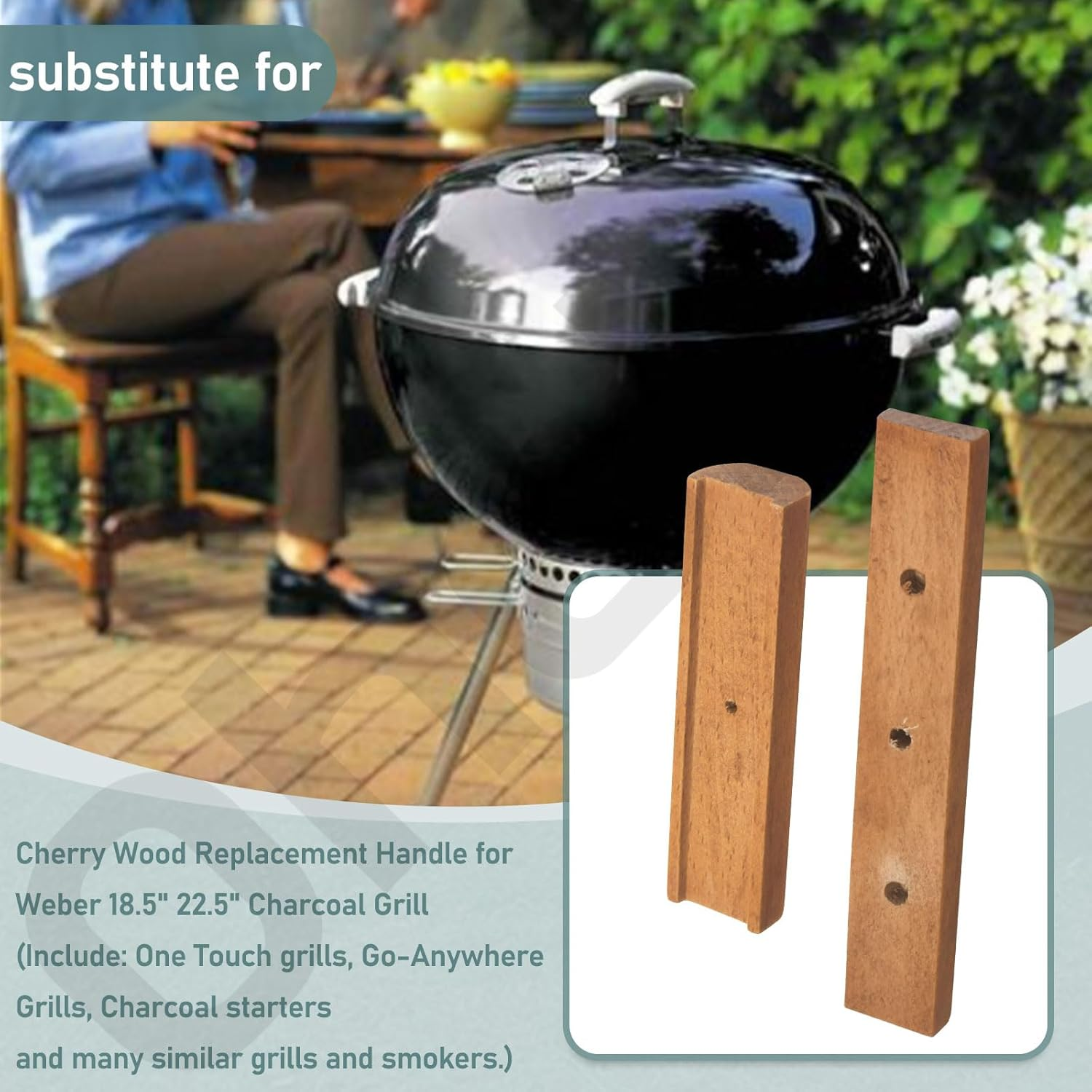 4 Pack Cherry Wood Replacement Handle for Weber Charcoal Grill, Fits 18.5" 22.5" with Mounting Screws image number 5
