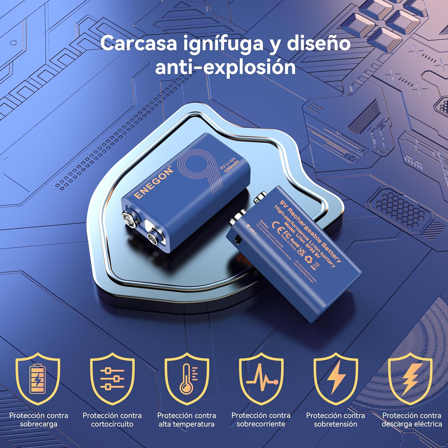 ENEGON 9V 2Pack Rechargeable Battery 5000Mwh (1350Mah) with Type-C Charging, 3 Hours Full Charge, LED Indicator, High Capacity Li-Ion Battery for Smoke Detectors, Wireless Microphones and More image number 5