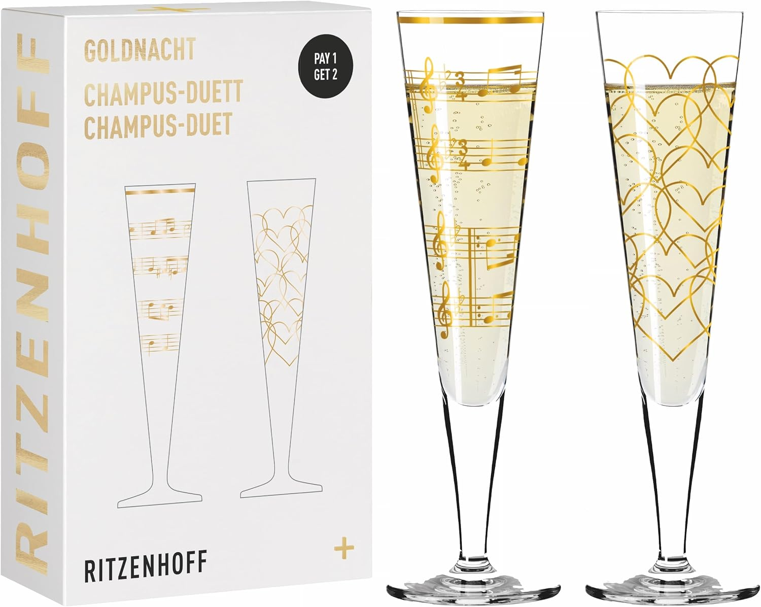 RITZENHOFF 6031006 Champagne Glass 200 Ml - Goldnacht Duett Best of 2022 Series, Pack of 2 with Real Gold - Made in Germany image number 2