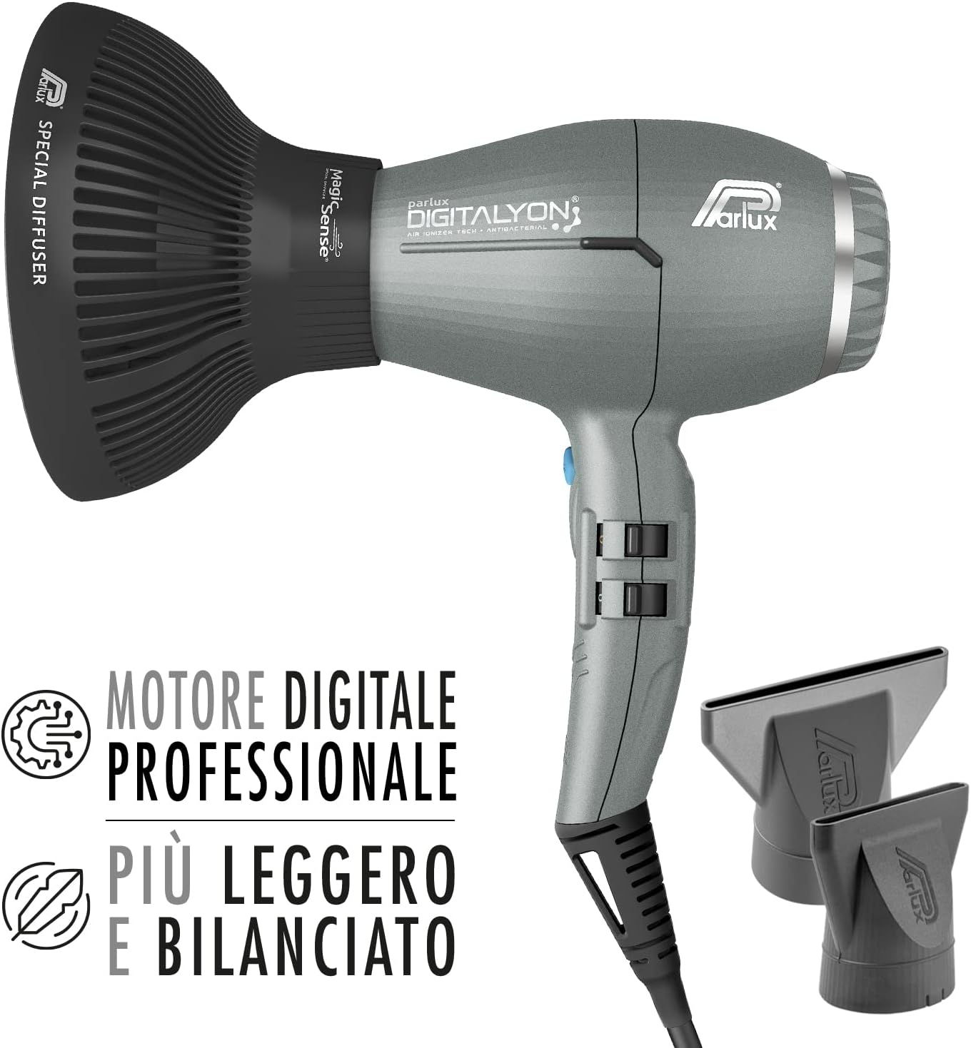 Parlux Digitalyon Magicsense Diffuser, Professional Digital Hair Dryer with Negative Ions, Very Light and Powerful. Made in Italy (Grey Glitter) image number 1