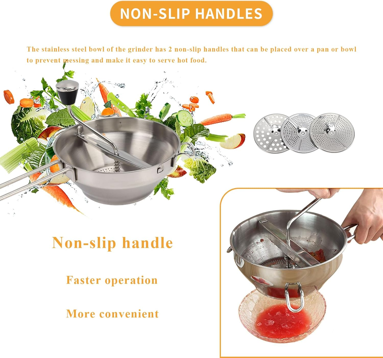 Food Mill Stainless Steel, Food Mill with 3 Discs, Handle Baby Food Grinder Hand Crank, the Rotary Food Mill for Tomato Sauce, Potatoes, Baby Food or Canned Goods image number 6