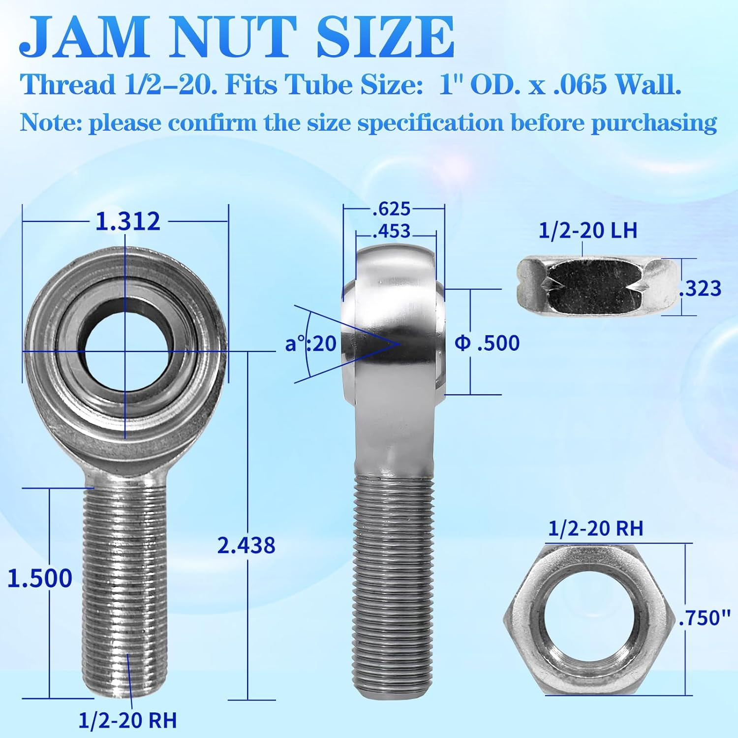YIFUOK 1/2 X 1/2-20 Heim Joints Rod End Kit Economy with Jam Nuts, Heim Joints Panhard Bar Kit .065 Bungs Rod End Heim Joint LH and Rh(1Set), CM12-XM10 image number 5
