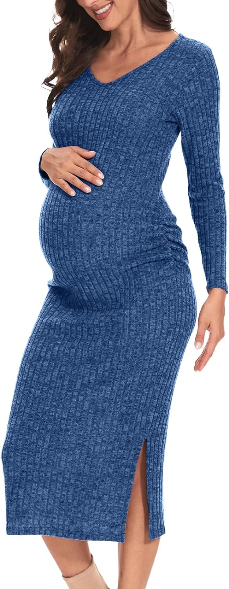 Maternity Sweater Dress,Turtleneck Ribbed Long Sleeve Maternity Dress for Casual/Photoshoot/Baby Shower image number 6