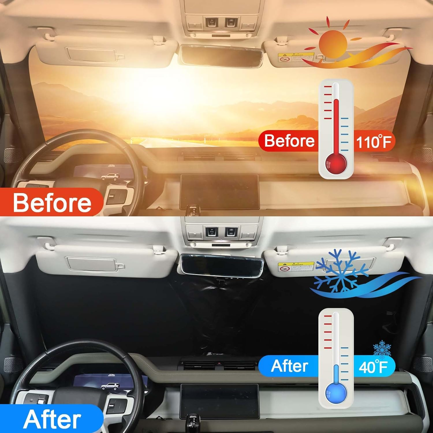 Windscreen Sun Shade Compatible with Land Rover Defender 90/110/130 2020-2025 Accessories | Reflective Windshield Cover Window Shade | UV & Heat Blocking Cover (Polyester (Style D))