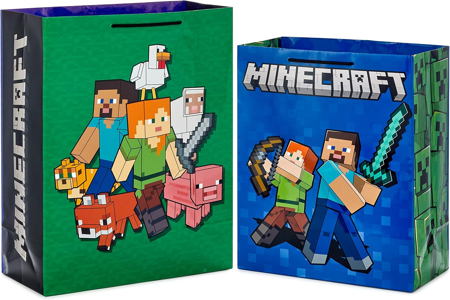 Hallmark Minecraft Gift Bag Bundle (2 Bags: 13" Large Blue Bag, 15" Extra Large Green) for Birthdays, Christmas, Valentine'S Day, Halloween, Kids Parties image number 2