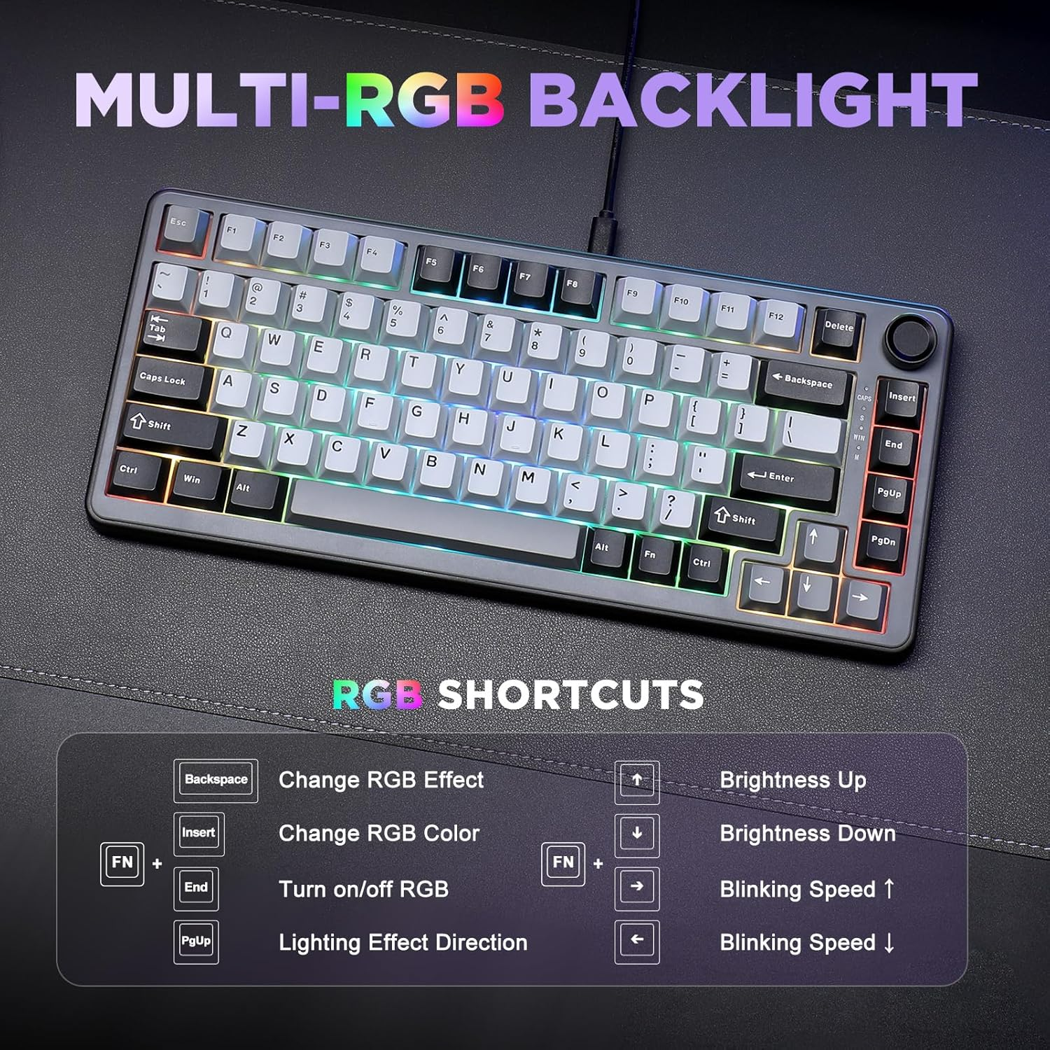 YUNZII B75 Mechanical Keyboard, 75% Hot Swappable Keyboard with Knob, RGB Backlit Gasket Gaming Keyboard with Double-Shot PBT Keycaps, for Win/Mac (Dark Grey, Cocoa Cream V2 Switch) image number 6