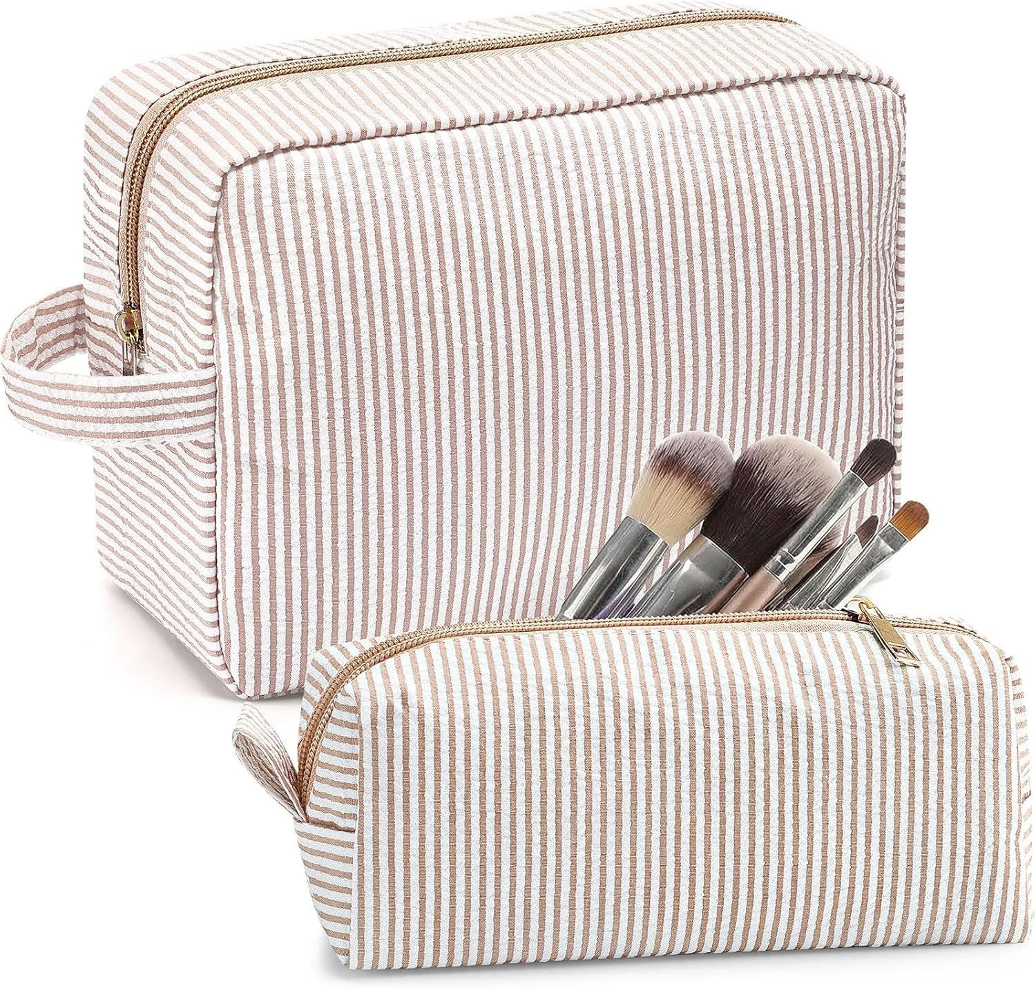 Sanwuta 2 Pcs Makeup Bag Set Seersucker Cosmetic Bag for Women Cute Stripe Travel Toiletry Organizer Aesthetic Preppy Storage Pouch for Girls Wedding Bridesmaid Valentine'S Day Gifts, Brown
