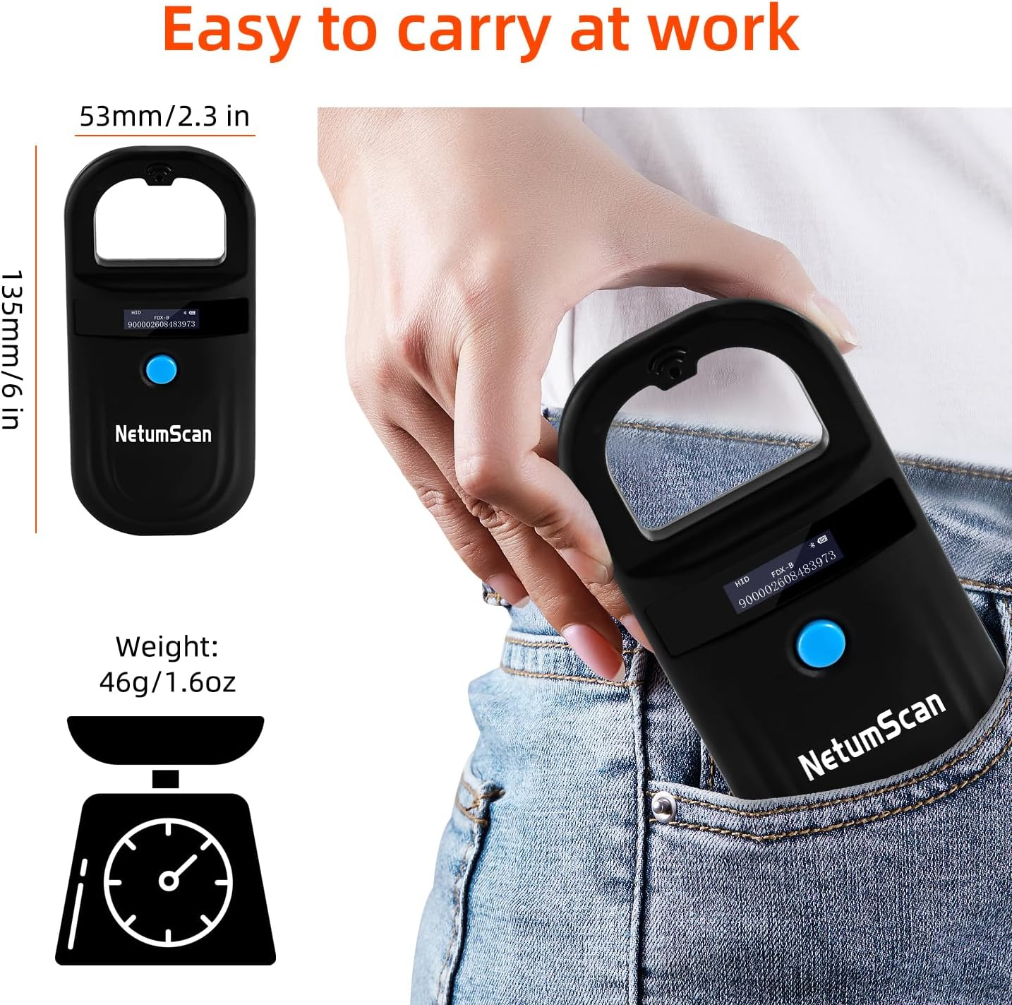 Netumscan Upgraded Pet Microchip Reader Scanner, 256 Data Storage Animal Tag Scanner Rechargeable Handheld Pet Chip ID Scanner with Stable OLED Display for ISO 11784/11785,FDX-B and ID64 RFID EMID image number 2