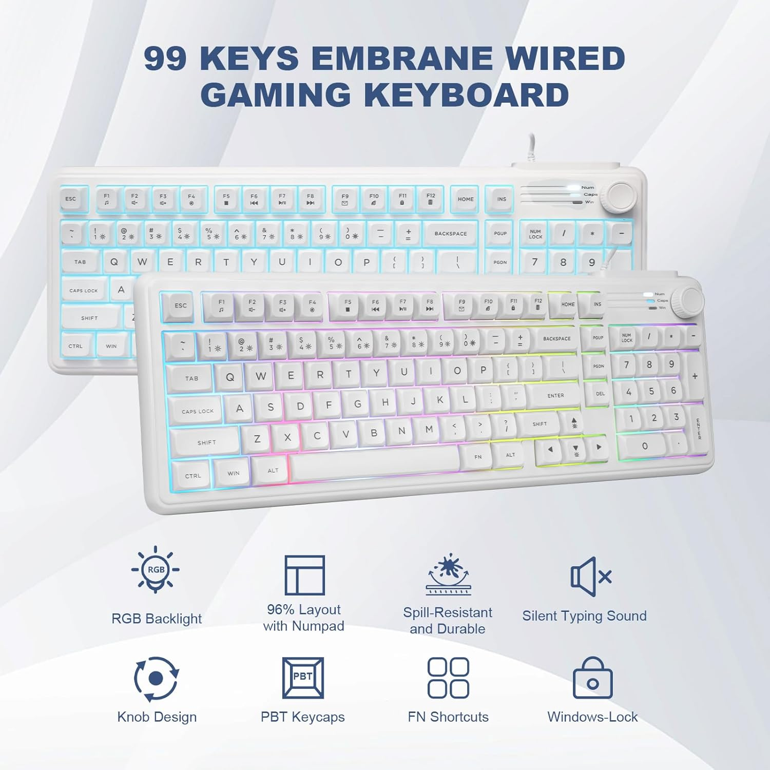 99 Keys RGB Wired Gaming Keyboard with Number Pad Knob,Mechanical Feeling Gaming Keyboard with Multimedia Keys,One-Touch Backlit, Anti-Ghosting, Compatible with PC, Mac, PS4/5, Xbox image number 1