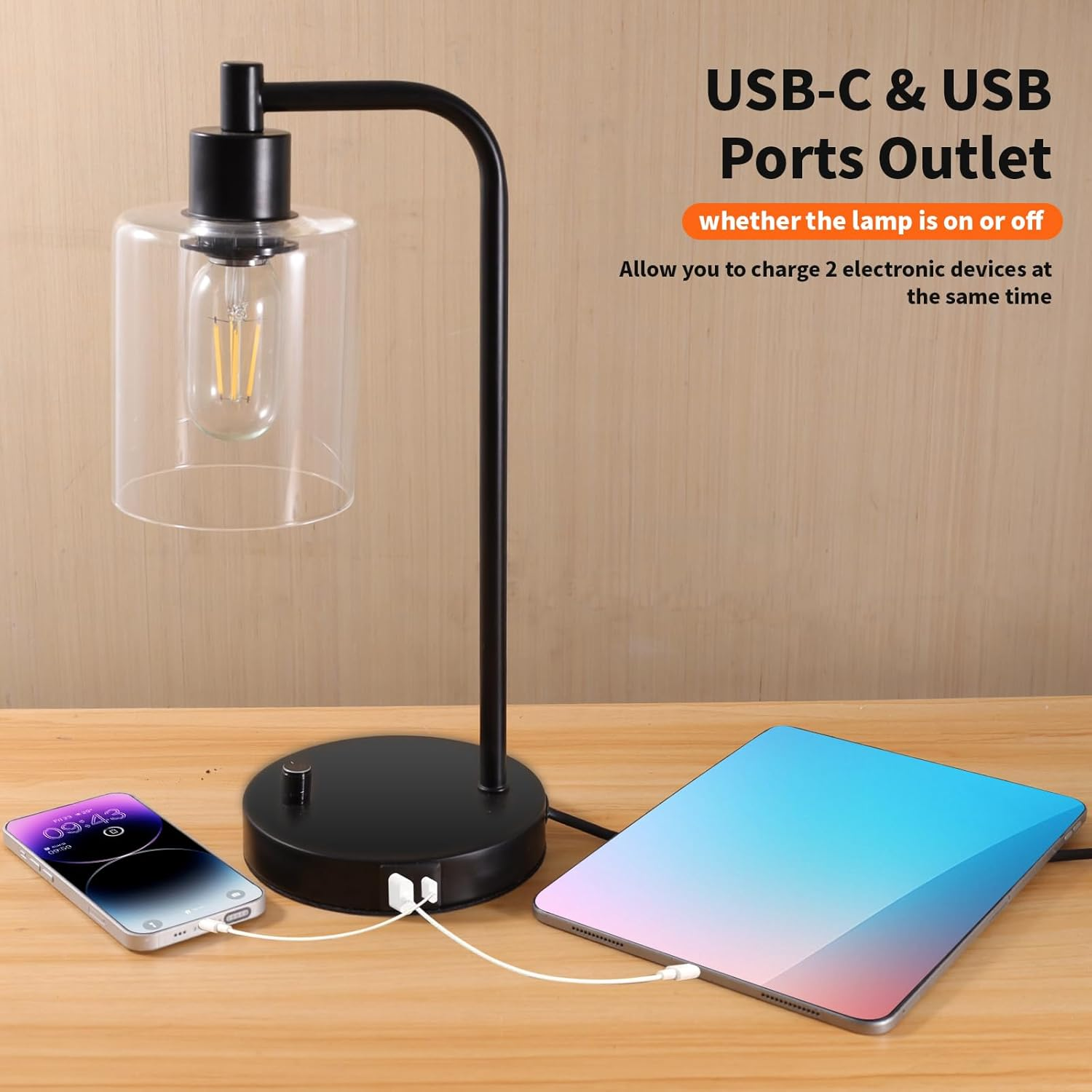 Set of 2 Industrial Stepless Dimmable Table Lamps with USB-A & USB-C Ports &ndash; Metal Base with Glass Shade Bedside Nightstand Lamps for Bedroom & Office image number 3