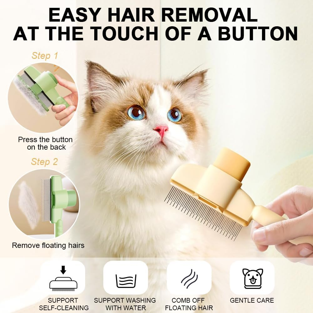 Care Equipment for Pets, Self-Cleaning Flea Comb, Flea Comb for Cats, Self-Cleaning Pet Comb with Release Button, Removes Knots and Loose Hair (Green + Yellow) image number 1