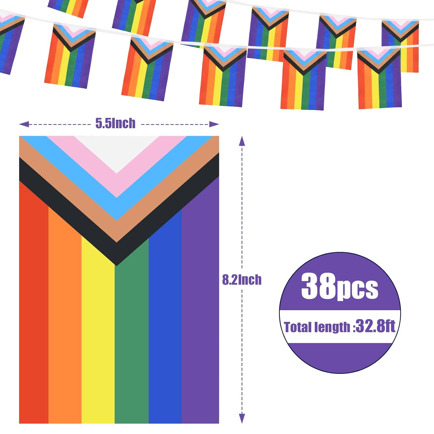 32.8Ft 38 Pcs Progress Pride Pennant Flags Banner,Gay LGBTQ Rainbow Pride Banner Flag, Colorful Stripes Bunting Banner for Pride Decorations, Pride Month, Party, Restaurants, Garden Decor