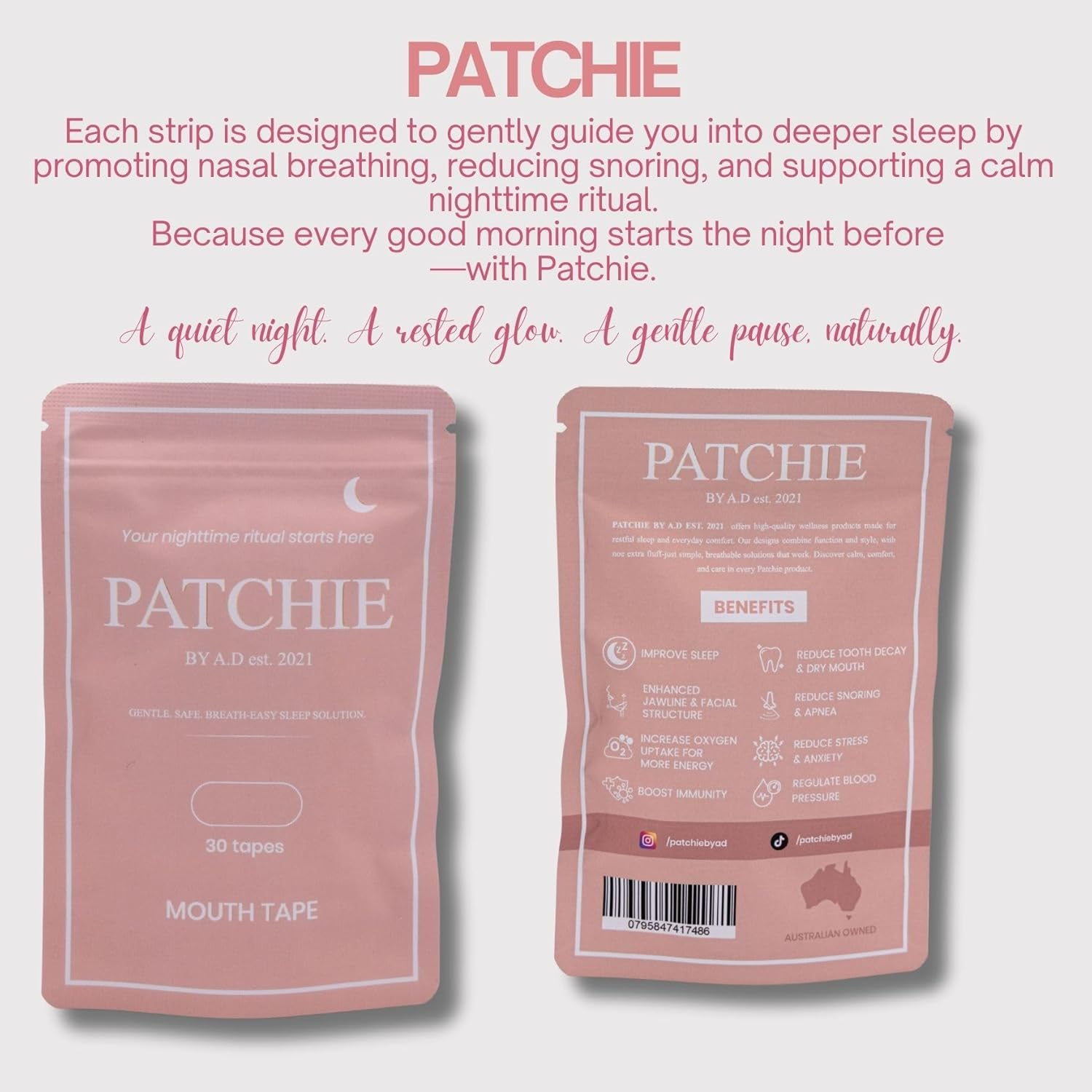 Mouth Tape for Sleeping Bundle - 30 Mouth Tape Strips + 5 Nasal Strips for Sleeping, Sleep Better Kit, Breathable Gentle Mouth Tape, Hypoallergenic Mouth Tape for Snore Relief (Pink). PATCHIE by A.D EST. 2021 - Pink image number 6