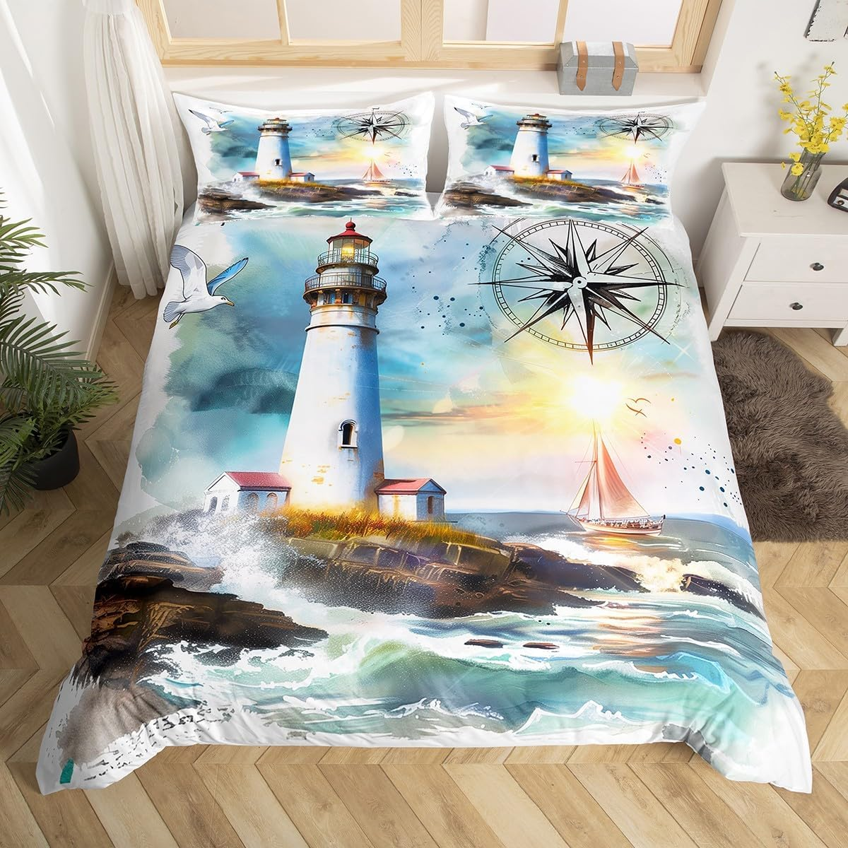 Homewish Bedding Set 155 X 220 Cm, Lighthouse Retro Sailing Boat Duvet Cover Compass Watercolour Comforter Cover Beach Ocean Adventure Theme Bed Set for Children Boys Teens Adult Bedroom Decor image number 2