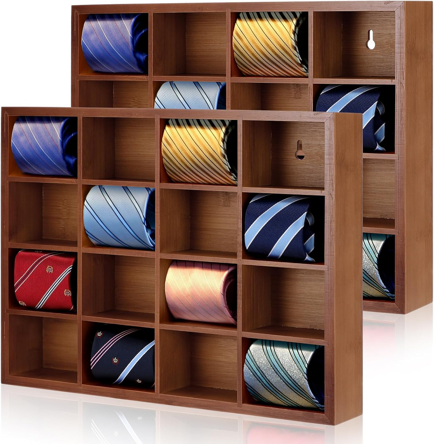 Wesiti Tie Box Organizer Wall Mounted Tie Rack with 16 Compartments Bamboo Belt Holder for Men Scarf Necktie Home Wall Closet(Dark Brown Color,2 Piece) image number 3