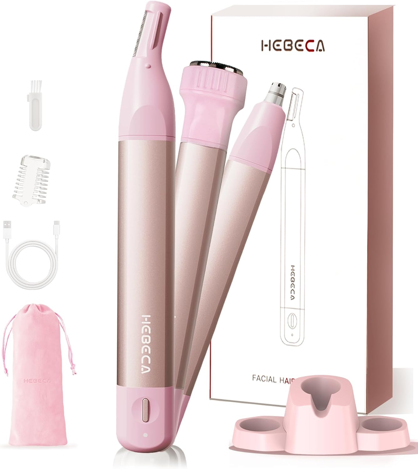 Nose Hair Trimmer for Women 3In1 Facial Hair Removal Trimmers with Storage Base - Waterproof, Portable USB Rechargeable with Travel Bag- Trims Nose, Ear, Eyebrow, Peach-Fuzz, Lips, Chin Face Hair image number 2
