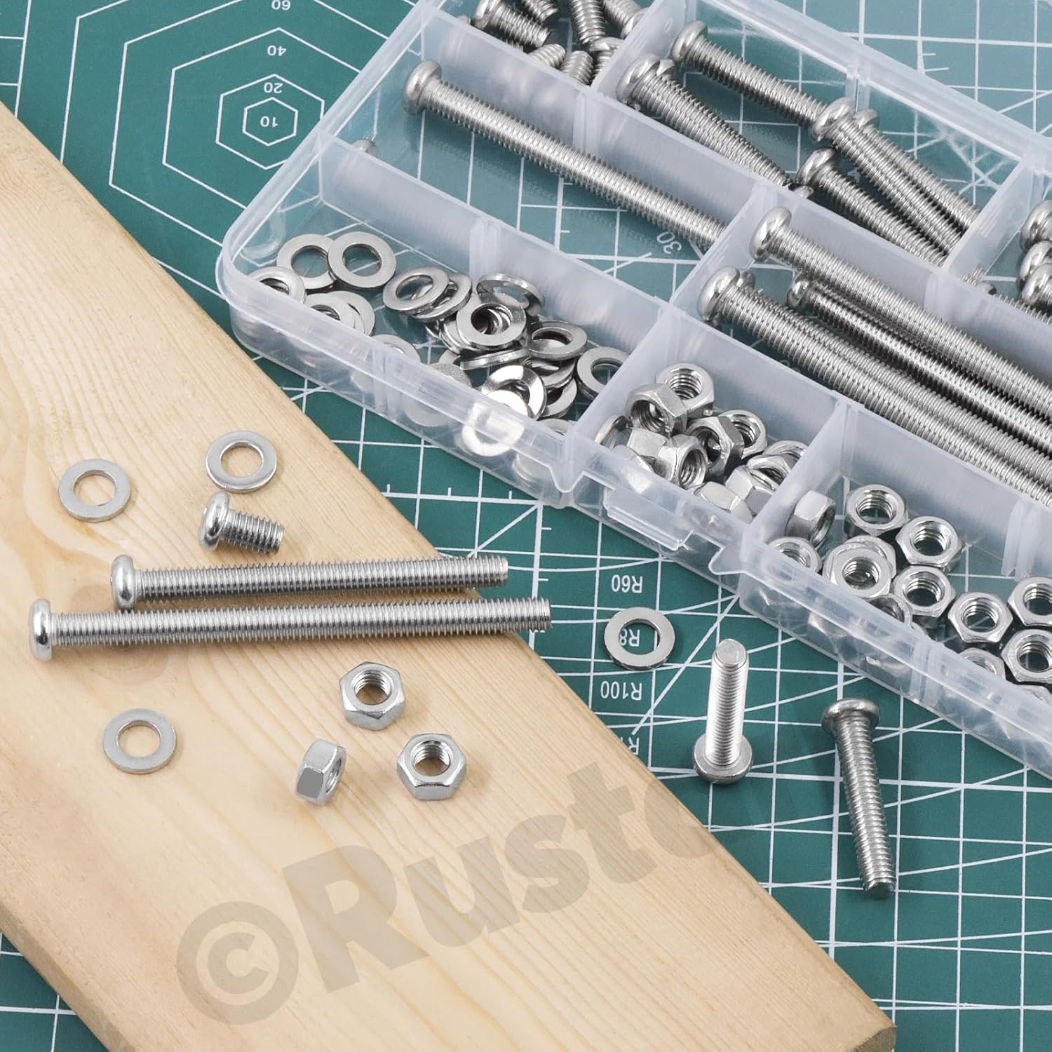 Rustark 114Pcs 6 Sizes M6 304 Stainless Steel Pan Head Phillips Machine Screws Assortment Kit Metric Screws Bolts Washers Nuts Kit Receptacles Mounting Screws for Cabinet Drawer Knob Pull Handle