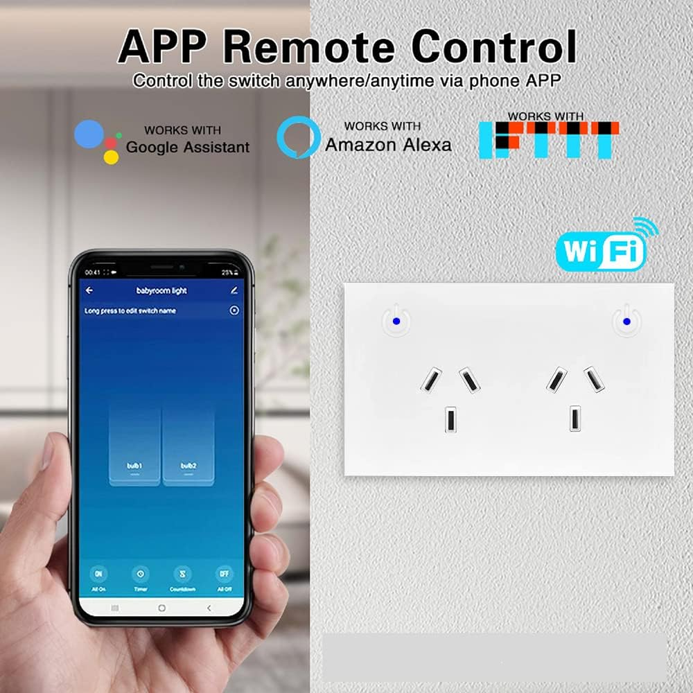 Useelink Smart Wifi Socket Outlet 2 AC 16A 3500W Individual Switches by App and Voice Command Works with Echo Alexa Google Assistant Timer Remote Control SAA Certified (2 Pack) image number 6