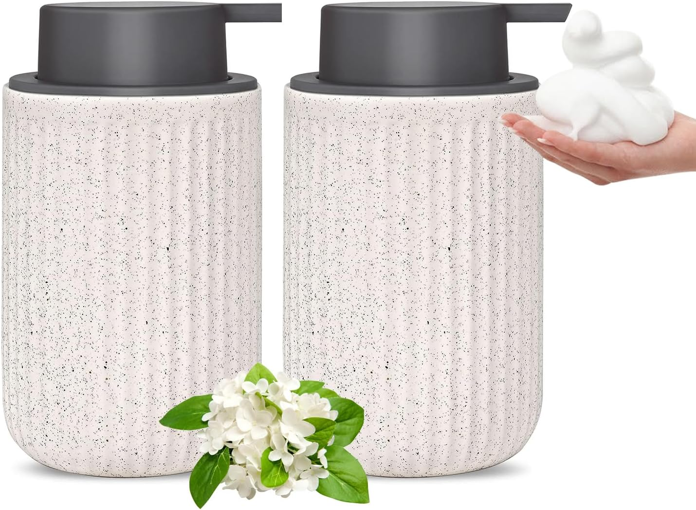 2 Pack Foam Soap Dispenser - 12 Oz Beige Ceramic Foaming Soap Dispenser for Bathroom, Hand Wash Dispenser Bottle with Foaming Pump, Striped Refillable Dish Soap Dispenser for Kitchen