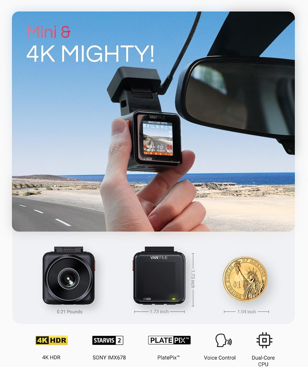 Vantrue E1 Pro 4K Mini Dash Cam Front, STARVIS 2 Plate Pix&trade; HDR Night Vision Car Dash Camera, Built-In 5G Wifi GPS, Camera Recorder, Voice Control, 24/7 Buffered Parking Mode, Support 1TB Max