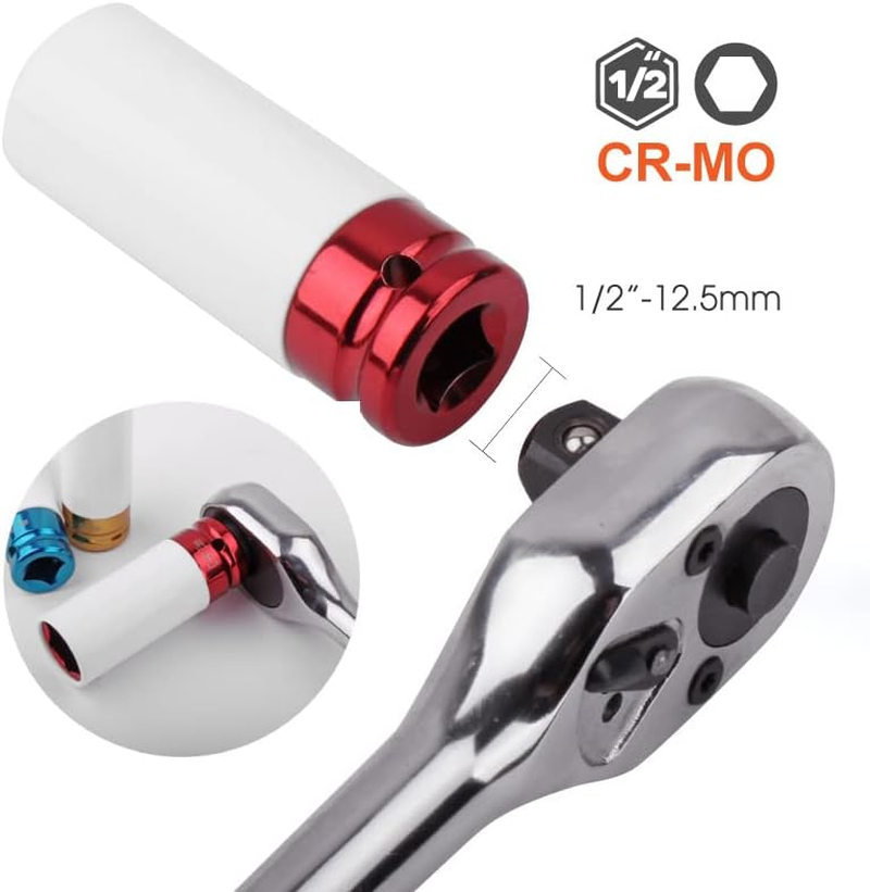 3Pc Alloy Wheel Deep Impact Nut Socket Set 17, 19, 21Mm 1/2'' with Nylon Sleeve