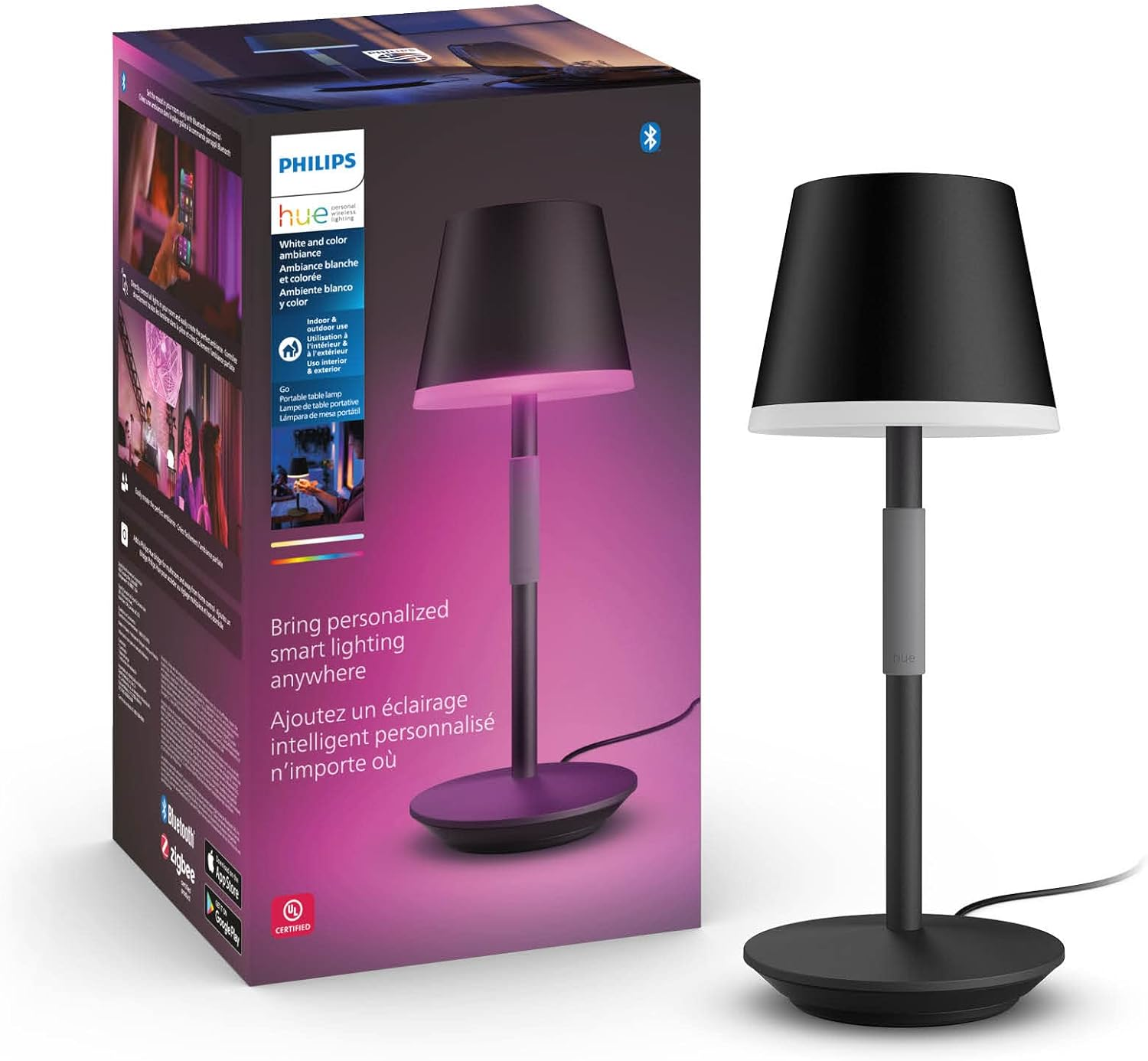 PHILIPS Hue White and Color Ambiance Hue Go Portable Table Lamp with Smart White and Coloured Lights, Dimmable, Table Lamp Design for Indoor and Outdoor Use, IP54, 6.2 W, Black image number 4
