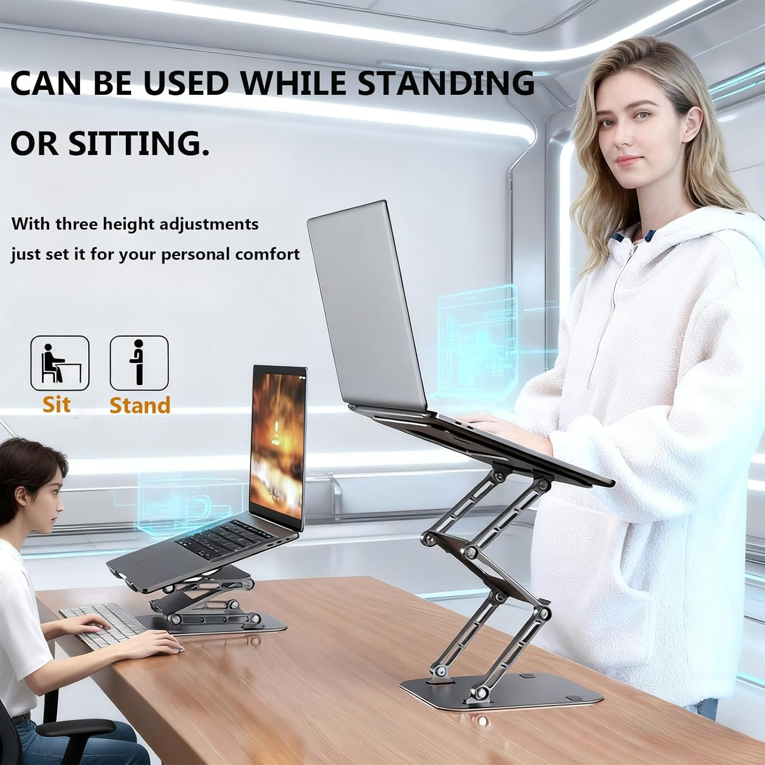 ALUCKKEY Laptop Stand for Desk, 360&deg; Swivel Base Foldable Laptop Riser and Phone Holder for up to 17.3 Inch Laptops Tablet, Pad, Good Posture Riser Compatible with Air, Pro, Dell, HP, Lenovo, Silver image number 2