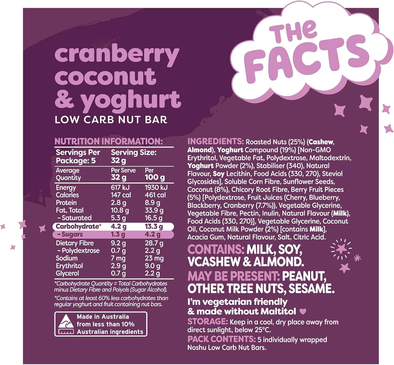 Noshu Low Carb Cranberry Coconut & Yoghurt Nut Bars &ndash; 5 Pack (160G) image number 3